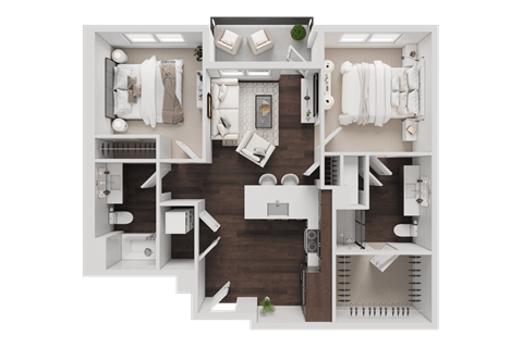 Floor plan for 2 beds, 2 baths, 918 sqft